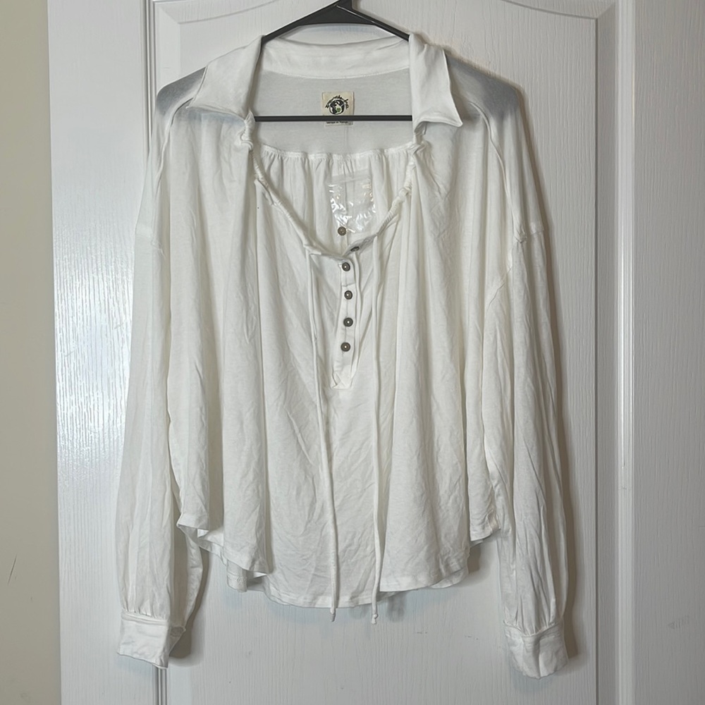 Free People Oversized Tencel Henley Long Sleeved Top Small White